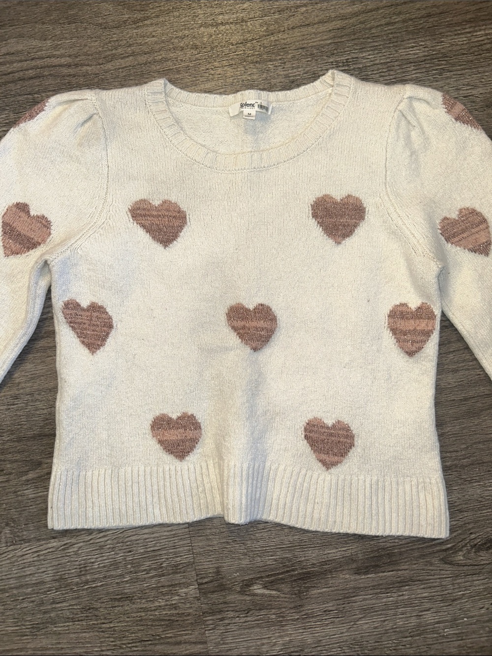 Splendid Heart Sweater Medium Cashmere Wool Blend Cream Blush Metallic Hearts